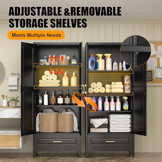 75" Tall Metal Storage Cabinet, Kitchen Pantry Storage Cabinets with Doors and 3 Shelves, Black Pantry Cabinet with Drawer, Utility Kitchen Cupboard, Large Steel Cabinets for Dining Room