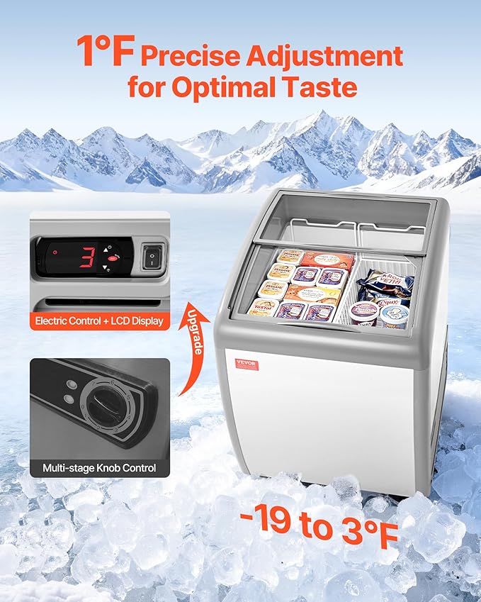 VEVOR Commercial Ice Cream Display Case, 5.4 Cu.ft Chest Freezer, -19 to 3℉ Temp Adjustable Mobile Top Deep Freezer with 2 Wire Baskets, 2 Sliding Glass Doors, Locking Casters & LED Strip Lighting