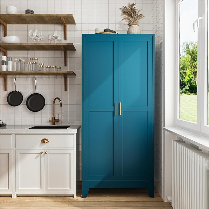 COFaR 71" Pantry Cabinet in Peacock Blue, 5-Tier Storage with Adjustable Shelves, Modern Statement Cupboard for Kitchen, Bathroom & Living Room