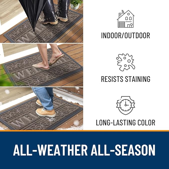OLANLY Welcome Door Mat Indoor Outdoor Entrance, Heavy Duty Sturdy Front Door Mat, Waterproof All-Weather Doormat, Stain Resistant, Low Profile, Easy Clean Patio Entryway Mat, 59 x 35, Medium Brown