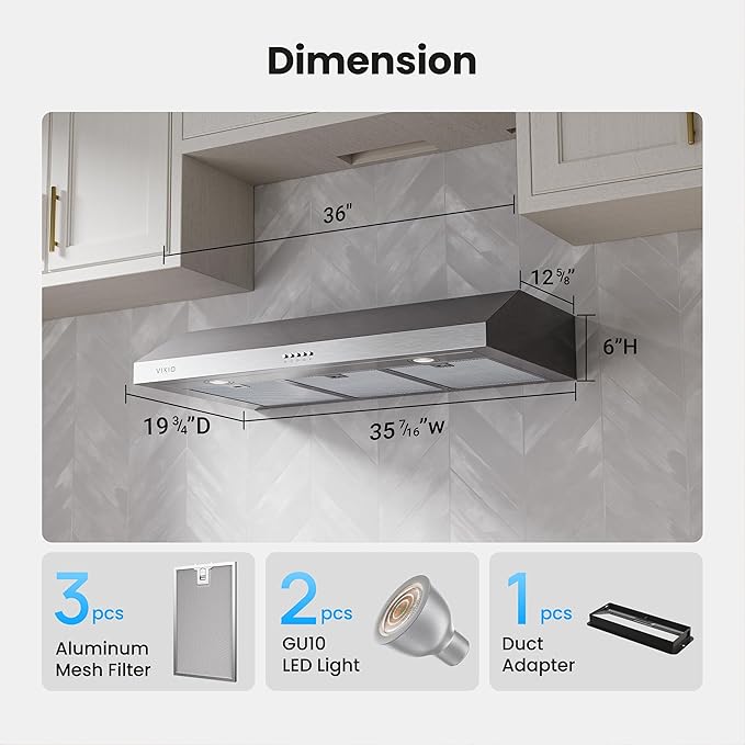 Under Cabinet Range Hood 36 Inch, 1200 CFM Dual-Motor Kitchen Vent with LED Lights, Button Control, Ducted Vent Hood, Reusable 5-Layer Aluminum Filters, Stainless Steel