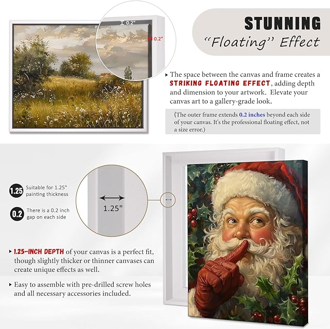 Canvas Floater Frame for Paintings, Fits Up to 1.25" Deep Canvas, DIY Floating Picture Frame for Canvas Prints, Wall Art Frame for Modern Home Décor, Studio Display and Gallery Hanging White 12x16