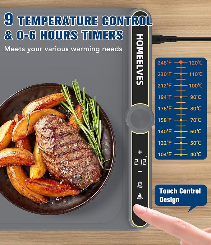 Food Warming Mat, Rapid Heating Electric Warming Tray with 9 Temp Setting and 6 Hours Timer, Foldable Warming Mat for Food, Portable Food Warmers for Parties Buffet, Gray