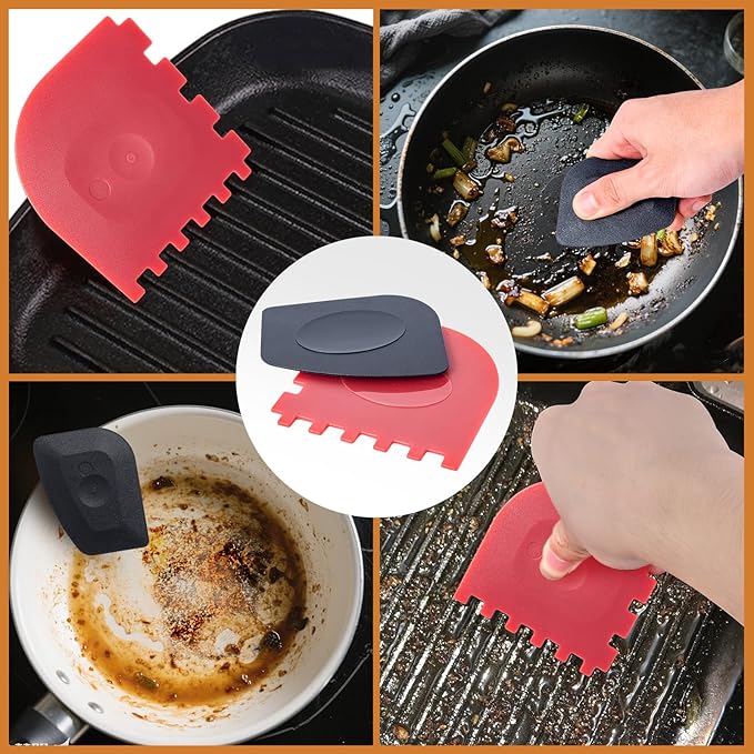 Pan Scraper Food Scraper cast Iron Tool and Cast Iron Pan & Grill Set with Bonus Cleaning Brush(3 Pack)