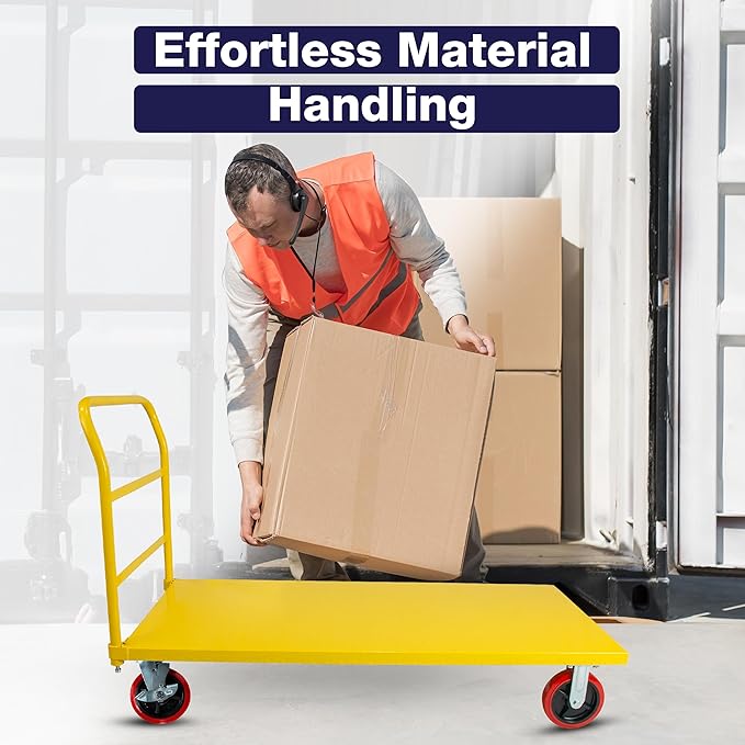 Platform Cart Industrial Dolly Cart 3300LB Heavy Duty 60” x 30” Platform Hand Truck Push Cart Super Heavy Duty Diamond Plate Commercial Flatbed Cart with 8'' Moving Swivel Wheels (Yellow)