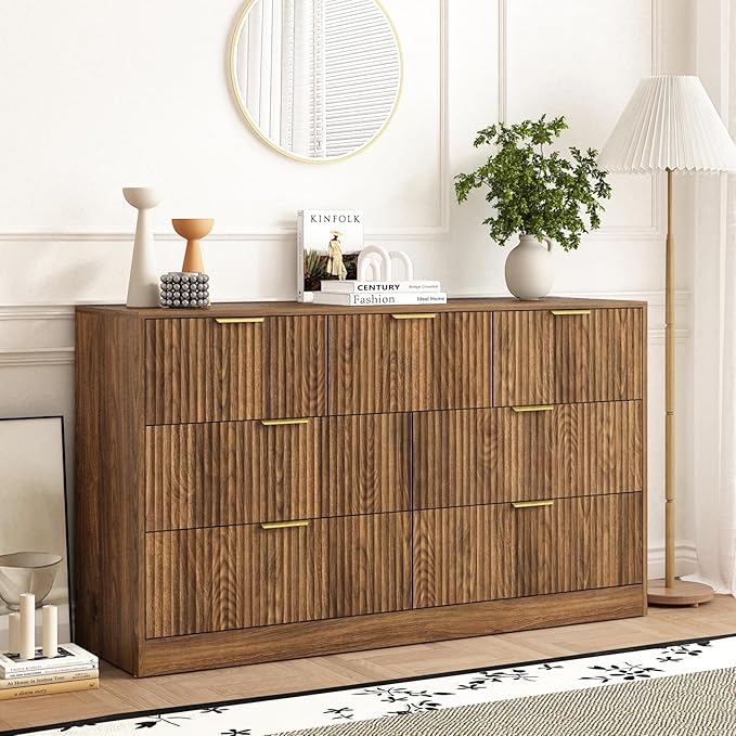 7 Drawers Dresser for Bedroom，55" Wide Fluted Dresser with Deep Drawers, Modern Chest of Drawers, Mid Century Wood TV Stand Storage Organizer for Closet, Living Room, Hallway, Natural