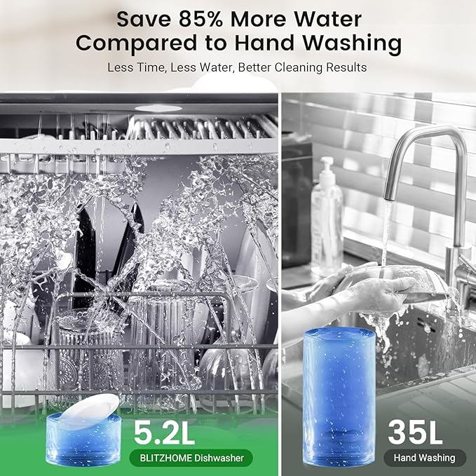 BLITZHOME WiFi Countertop Portable Dishwasher, Smart 9 Programs, 167℉ High-Temp, 360° 3Spray, 24H Timing, Hot Air Drying, Air Refresh, Baby-Care, LED Light, 5.2L Built-in Water Tank for Apartments RVs