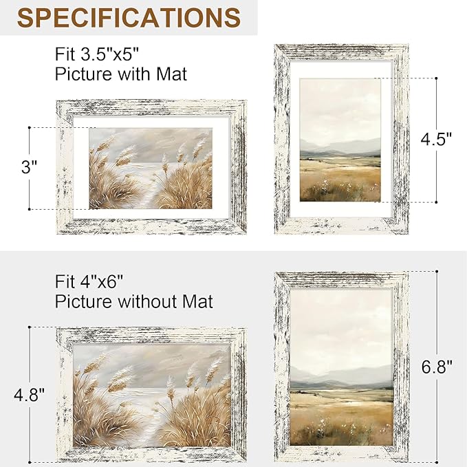 Vittanly 4x6 Picture Frame Set of 2, Solid Wood Frame for Wall or Tabletop, Display Photo 3.5x5 with Mat or 4x6 without Mat, Distressed White