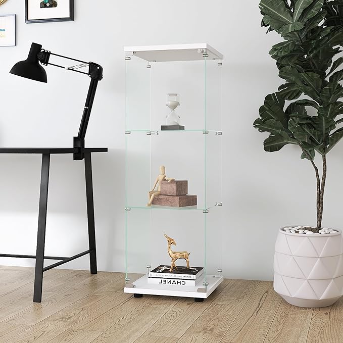 Yoluckea 3 Shelves Glass Display Cabinet with Door,Floor Standing Clear Glass Curio Cabinet Collection Display Case for Living Room Bedroom 49.41”x15.16”x13.58” White (Quick Assembly)