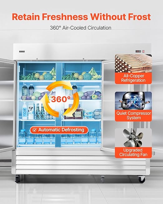 VEVOR Commercial Reach-In Refrigerator 85" W, 69 Cu.Ft Stainless Steel Upright Refrigerator with Three Doors, Auto-Defrost, 12 Adjustable Shelves, 32 to 50℉ Temp Control, ETL Certified