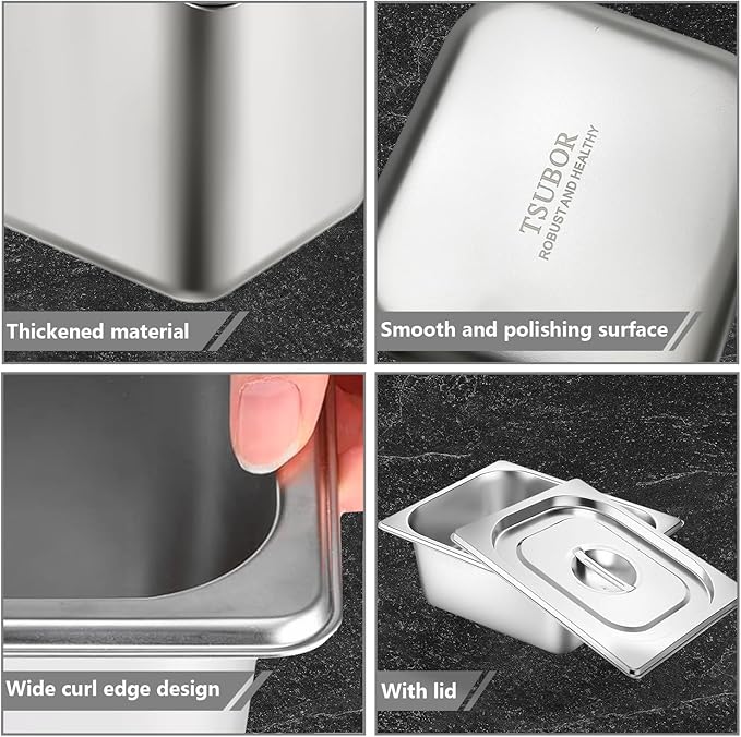 6 Set Stainless Steel Hotel Pans 1/2 Size 4 Inch Deep With Lids, Anti-Jam Chafing Steam Table Pans, Catering Food Storage Metal Pan