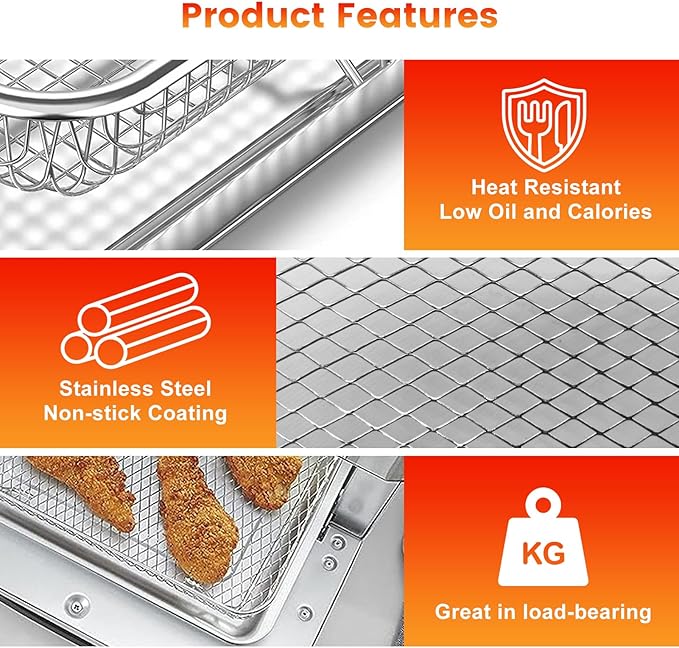 Air Fryer Tray Replacement for Cuisinart TOA-28 AFR-25 Toaster Air Fryer Convection Oven, 11.3 * 9.7'' Non-stick Mesh Air Fryer Stainless Steel Basket Wire Rack Accessories Parts, Dishwasher Safe