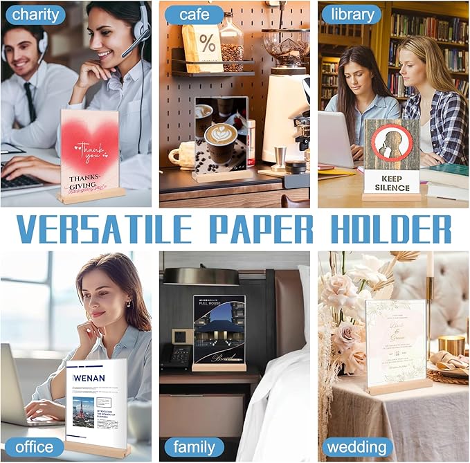 12 Pack Acrylic Sign Holder 8.5 x 11, L/T Shape Double Sided wood Picture Frame Stand up Table Top Sign Holders, Clear Display Stand Menu Flyer Holder for Wedding Party (Provide Non slip Mats)