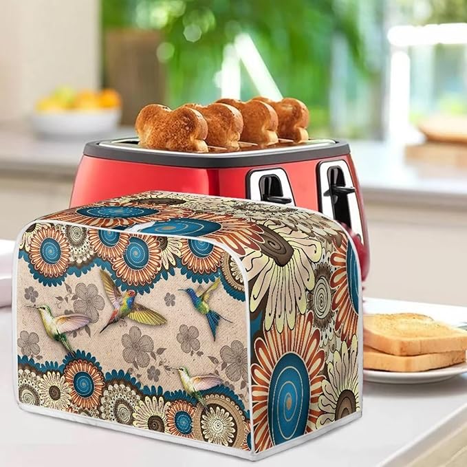 Aztec Hummingbird Flower Print Toaster Cover 4 Slice Dust Fingerprint Protection Waterproof Soft Toaster Dust Cover