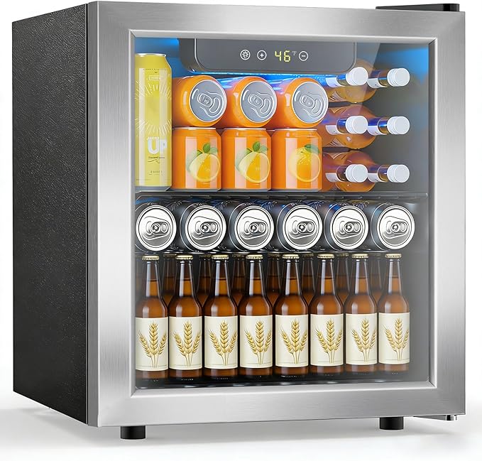 48 Can Beverage Refrigerator,12 Bottle Wine Cooler with Seamless Stainless Steel & Glass Door, Digital Temperature Display, Countertop Mini Fridge for Soda, Wine or Beer, Silver