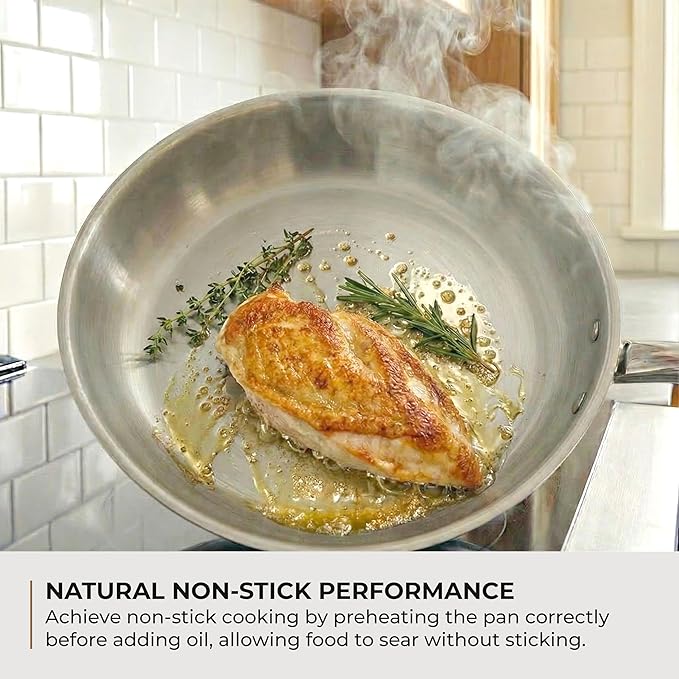 Sunhouse 10 Inch Tri-Ply Stainless Steel Frying Pan, Whole-Clad No Coatings Skillet with Stay-cool Handle for Cooking, Durable & Oven Safe to 500°F, Dishwasher Safe, Compatible with All Cooktops