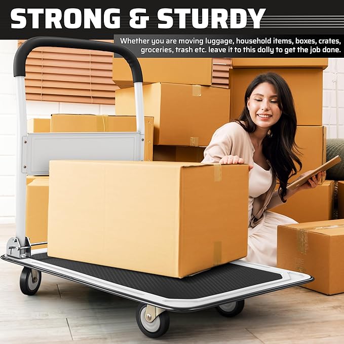 Heavy Duty Foldable Push Cart Dolly | 660 lbs. Capacity | Upgraded Collapsible Hand Truck Folding Platform with Swivel Wheels | Flat Bed Moving Wagon | Space Saving Push Handle (White)