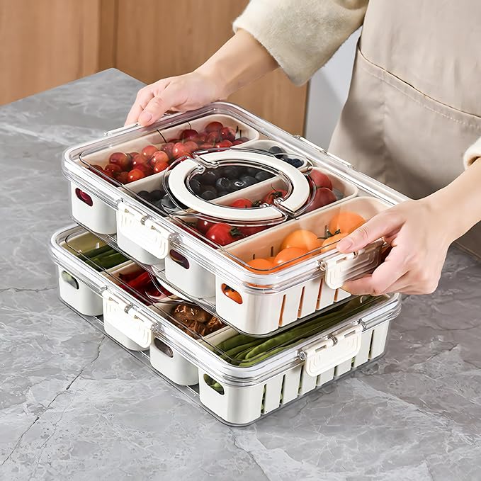 MineSign 2Pack Divided Snackle Box with Lids Stackable Food Serving Tray for Fruit&Veggie Plastic Fridge Storage Container for Pantry Freezer Clear Snack Box for Meal Prep Candy Nuts Spice