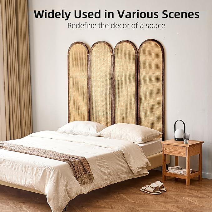 4 Panel Room Divider, 5.6 Ft Foldable Wood Room Divider Screen, Hand-Woven Rattan Folding Privacy Screens with Double Hinges, Wall Divider for Room Separation Bedroom Home Office - Brown