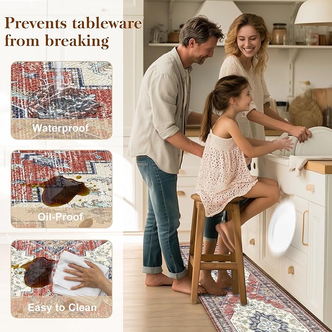 Boho Kitchen Mats for Floor 2 Piece Set Anti Fatigue Cushioned PVC Kitchen Rugs Non Slip Waterproof Farmhouse Mats 2/5 Inch Comfort Standing Mat for Sink, Laundry, 17.3"x47"+17.3"x28", Taupe Red