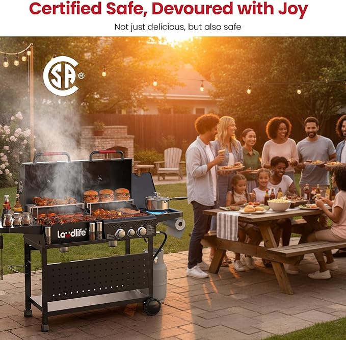 Gas and Charcoal Grill Combo with Side Burner, 3 Burners Propane BBQ Grill, 748 SQ.IN Cooking Space, Non-Stick Enamel Coating Grates, Heavy-Duty Stand for Backyard & Outdoor Barbecue