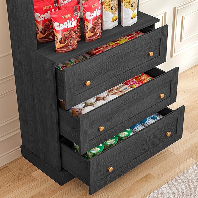 71" Tall Farmhouse Kitchen Pantry, Black Large Storage Cabinet with Glass Doors and Drawers, Freestanding Coffee Bar Hutch with Microwave Stand, Adjustable Shelves for Kitchen or Living Room, Set of 4