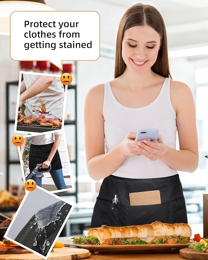 Argstar 2 Pack Server Apron with 4 Pockets, Waitress Waiter Waist Short Aprons(Available in 60/120 Pack)