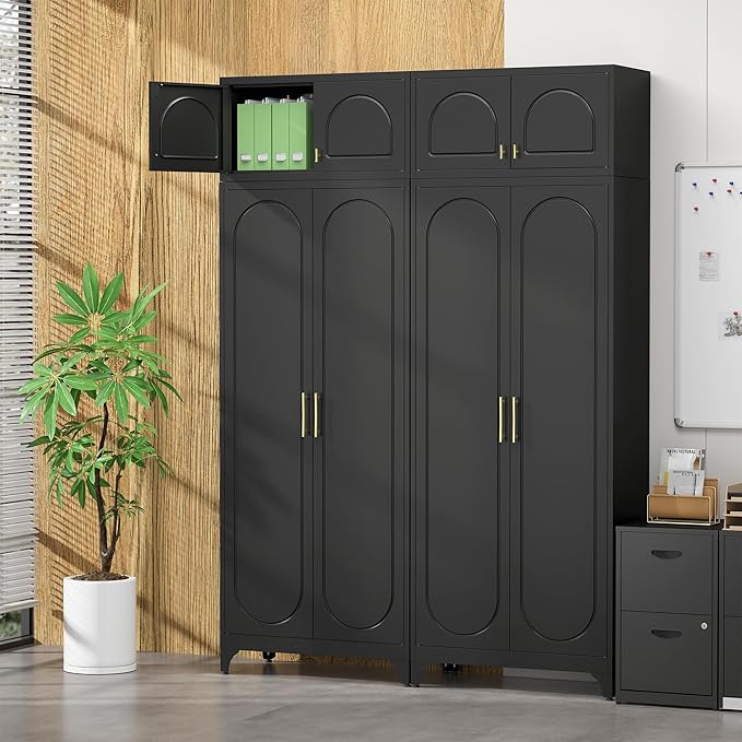 Metal Storage Cabinet and Wall Upper Storage Cabinet,90Inch White Kitchen Pantry Cabinets with 4 Adjustable Shelves,Tall Food Cupboards for Living Room, Dining Room Office