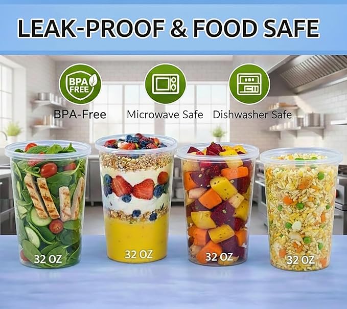Plastic Food Storage Container with Lid, clean Round, 32 oz, Deli Container, Restaurant Grade. 24 SETS Microwave & Freezer Safe BPA-free Leakproof Meal Prep Soup Containers,
