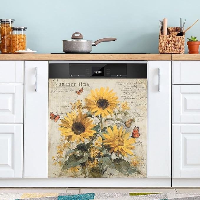 Fall Sunflowers Gray Dishwasher Magnet Cover Front Door Magnetic Dishwasher Cover Decorative Refrigerator Magnet Covers Dishwashers Magnetic Sticker for Kitchen Home Decor, 23" x 26"