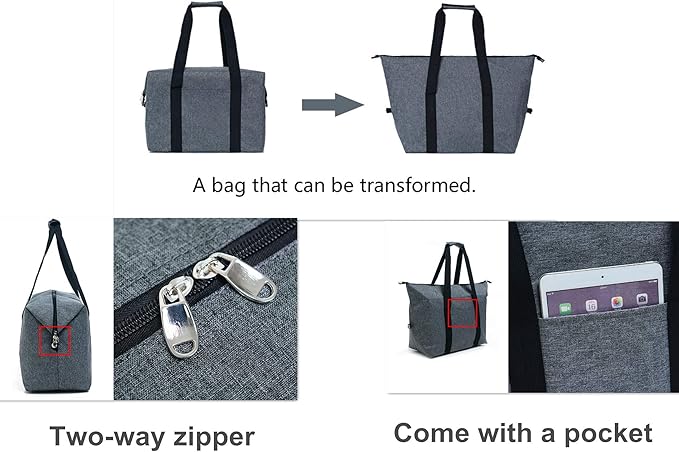 Reusable Insulated Grocery Picnic Cooler Bags with Zipper, Thermal Tote Shopping Bags for Travel, or Lunch, Camping, Beach Food Frozen, Black