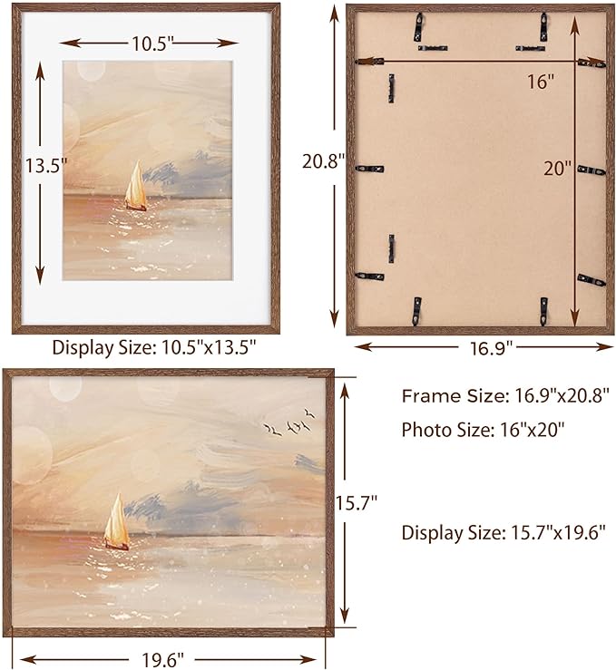 16x20 Picture Frames Set of 3, 16 x 20 Solid Oak Wood Frame for Wall, 16 x 20 Picture Frame with Tempered Glass, 16x20 Frame Matted to 11x14, Rustic Wood 16 by 20 Frames, Walnut Color
