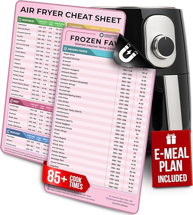 Cathy Yoder's Air Fryer Cheat Sheet Set, Air Fryer Accessories, AirFryer Cooking Guide Magnetic Cheat Sheet, AirFryer Cook Times Chart Magnet, Internal Food Temp for 80+ Popular Foods - Pink