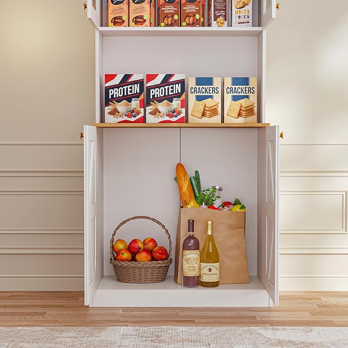 71" Tall Farmhouse Kitchen Pantry, Large Storage Cabinet with Glass Doors, Freestanding Coffee Bar Hutch with Microwave Stand, Adjustable Shelves for Kitchen, Living Room, White