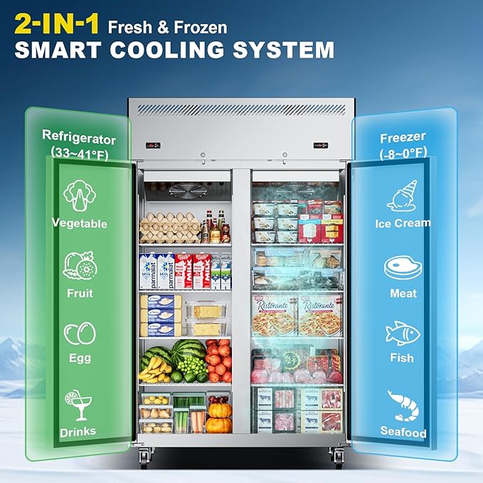 48"W 2 Door Commercial Refrigerator and Freezer Combo 38 Cu.ft Freezer for Restaurant, Bar, Shop Upright, Stainless Steel Reach-in, ETL and DOE Approved