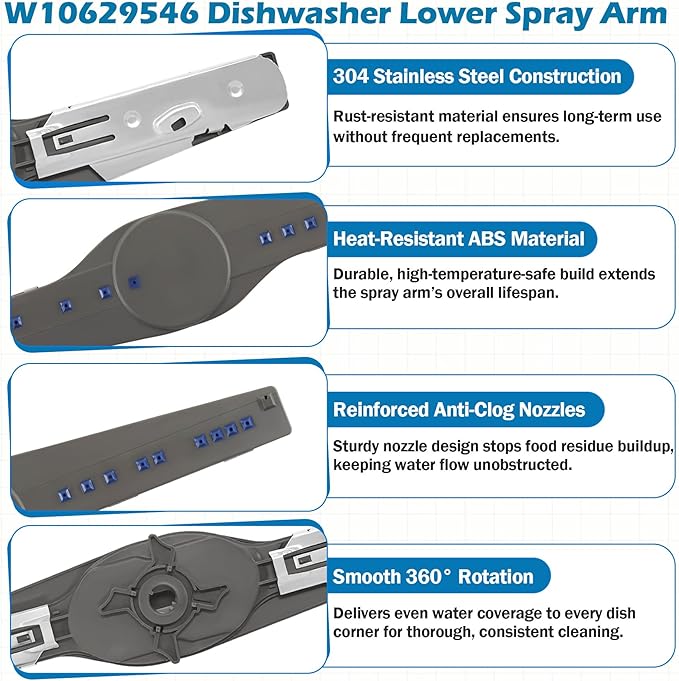 BigHead W10837249 Dishwasher Lower Spray Arm Replacement for Whirlpool Dishwashers Spray Arm, Replaces W10629546 AP5988717 PS11727921 W10838302, Fit Models WDT750SAHZ0 WDTA50SAHZ0 WDT970SAHZ0