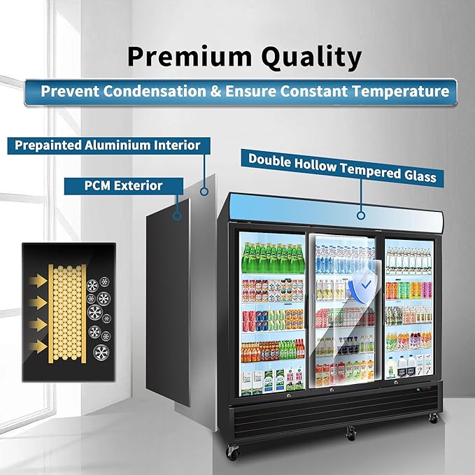 mikibama Glass Door Commercial Refrigerators, 70 Cu.ft Reach-In Display Refrigerator with LED Top Panel Upright Beverage Storage (Refrigerator-3 door)