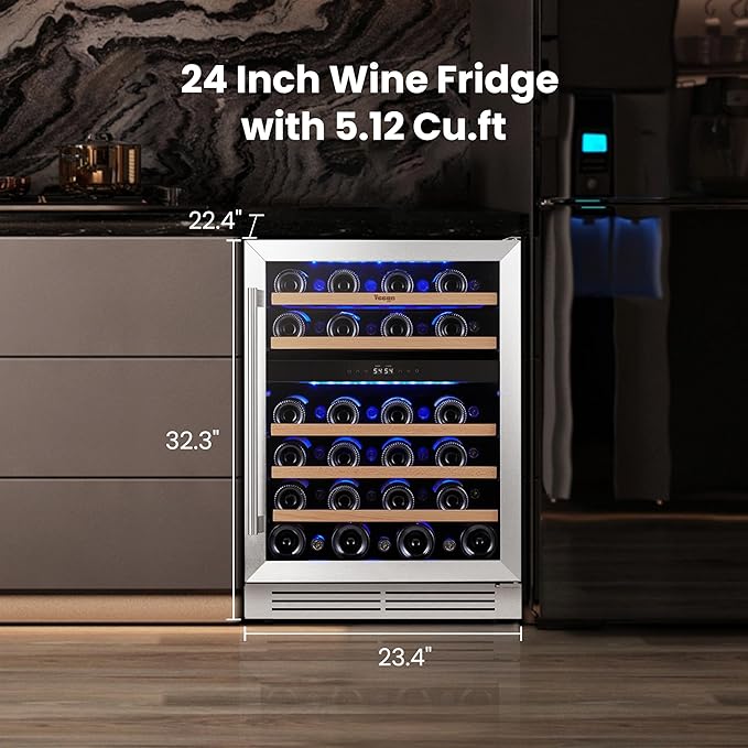 Yeego Wine Fridge Cooler - 24 Inch Dual Zone Wine Fridge Hold 52 Bottles, 40-65°F Wine Refrigerator Glass Door, Built in Fridge, Freestanding Adjustable Shelves Fridge for Beer Soda Drink Home Bar