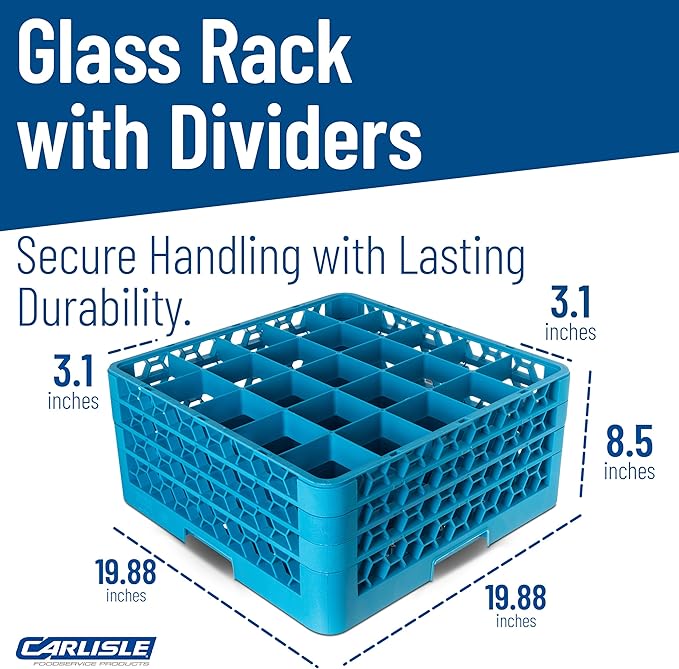 Carlisle FoodService Products OptiClean Plastic 25-Compartment Divided Glass Rack with Extender, Blue, (Pack of 3)