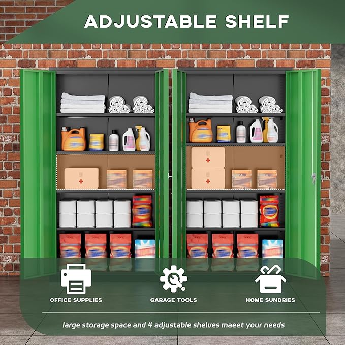 Greenvelly Metal Storage Cabinet, 72" Locking Metal Garage Storage Cabinet with Doors and 4 Adjustable Shelves, Lockable Steel Cabinet for Home Office, Garage, Shop, School (Green 36" W x 18" D)