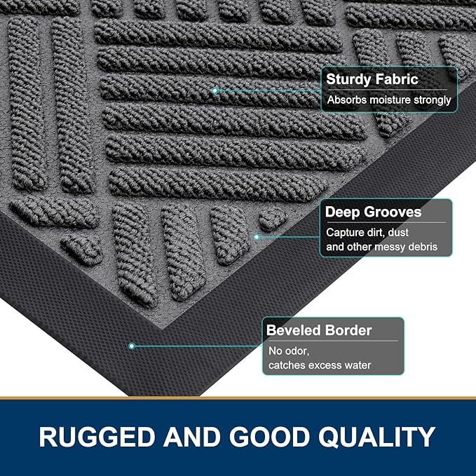 Smiry Front Door Mat Outside Entrance, Heavy Duty Outdoor Indoor Natural Rubber Doormat, Non Slip, Trap Dirt and Moisture, Easy Clean, Low Profile Patio Porch Entryway Mat, 47x32, Grey