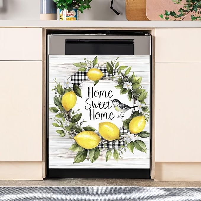 Home Sweet Home Lemon Wreath Dishwasher Magnet Cover,Pastoral Buffalo Check Magnetic Dishwasher Cover Vinyl Sticker,Wood Fridge Door Cover Magnets Art Skin Panel Decal,Home Decor Decal,23"X26"