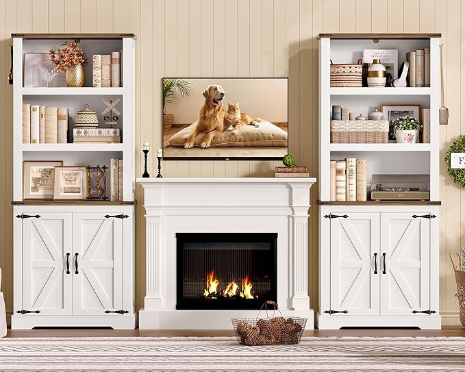 TEENFON 70.9in Tall Storage Cabinet with Adjustable Shelves, 5-Tier Bookshelf with Barn Doors, White Farmhouse Wood Bookcase for Living Room, Bedroom