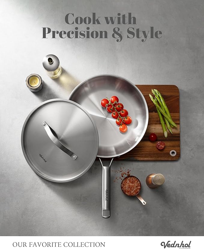 Stainless Steel Frying Pan 12 Inch with Lid, Fully Clad Tri-Ply Stainless Steel Skillet for Even Heating, Brushed Finish, Dishwasher & Oven Safe, Induction & All Stovetops Compatible