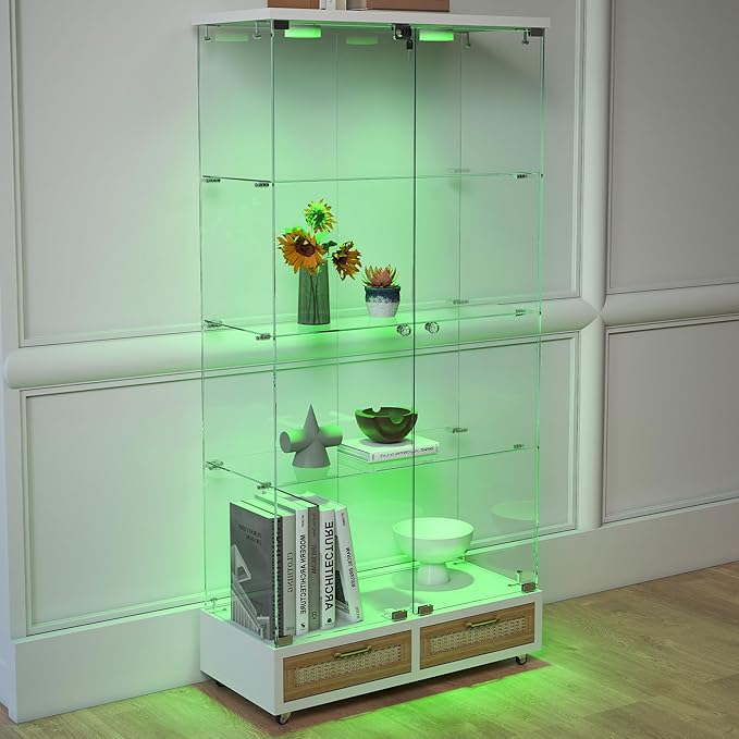 Yoluckea 4 Tier Glass Display Cabinet with LED Lighting and 2 Drawers, 2 Doors Floor Standing Curio Cabinet with Wheel for Home, Office, Corner Display, White Glass Bookshelf for Collections and Decor