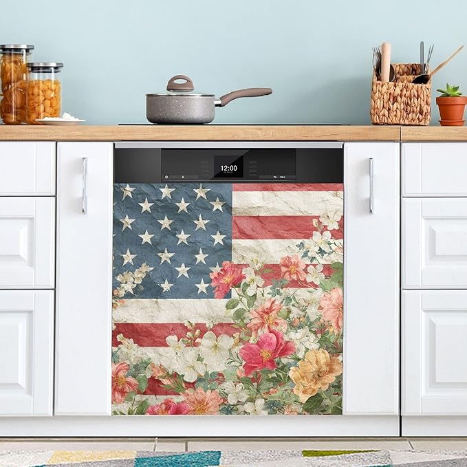 American Flag Flower Dishwasher Magnet Cover Front Door Magnetic Dishwasher Cover Decorative Refrigerator Magnet Covers Dishwashers Magnetic Sticker for Kitchen Home, 23" x 26"