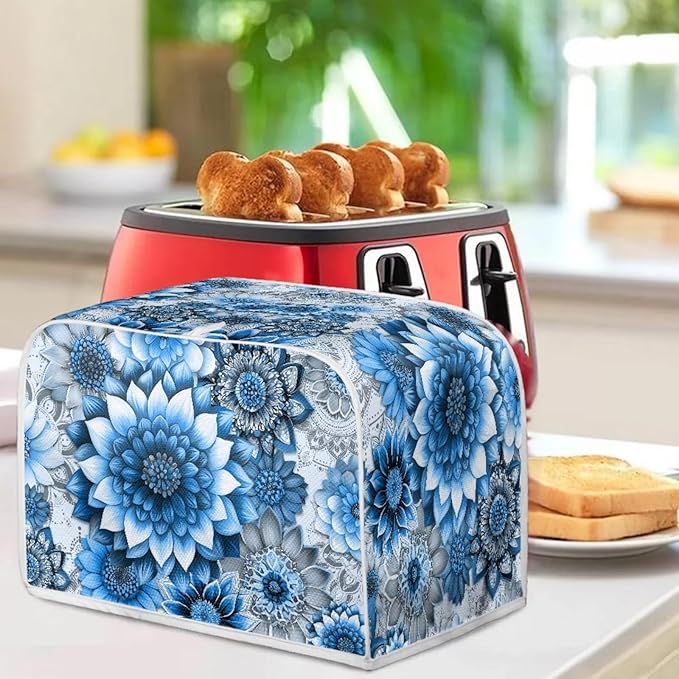 Blue Floral Print 2 Slice Toaster Cover Bread Machine Cover with Top Handle Design Kitchen Small Appliance Cover Dust Protection Stain Resistant Universal Fit
