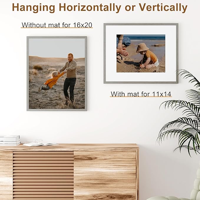 Vittanly 16x20 Picture Frame, Solid Wood Frame with Plexiglass, Includes 11x14 Mat, Wall Hanging for Photos, Home Decor, Grey, 1 Pack