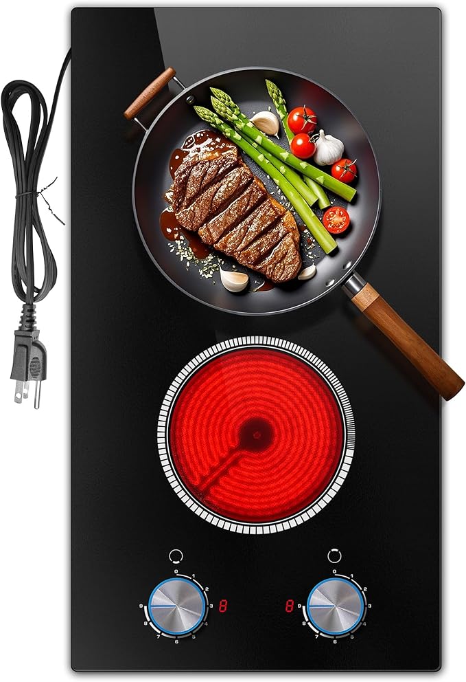 2 Burner Electric Cooktop, 12 Inch Electric Stove Top, 120V Stove Top Burner Knob Control, 2000W Countertop Stove with Timer, 9 Heating Levels, Overheat Protection, High-Temp Alarm Pladeca