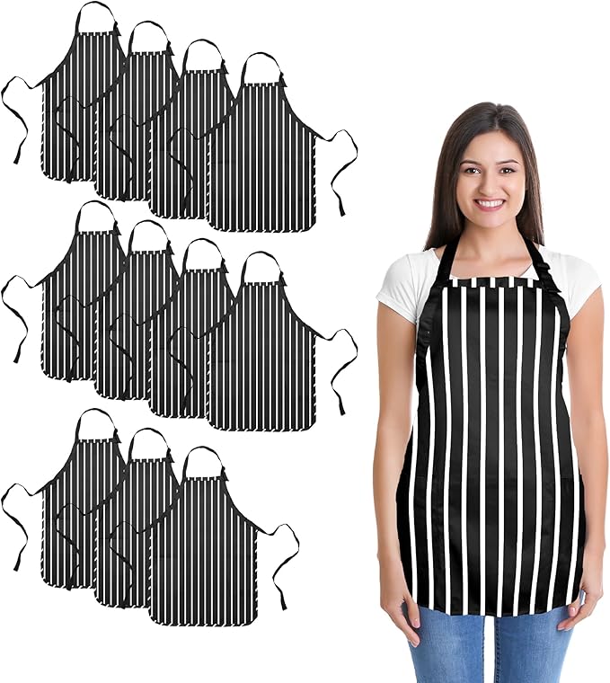 DALIX Apron Commercial Restaurant Home Bib Spun Poly Cotton Kitchen Aprons (2 Pockets) in Pinstripe Black/White 12 Pack